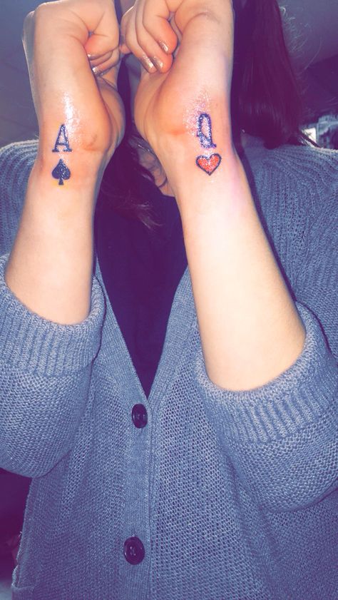 queen of hearts and ace of spades tattoos. Love! Ace Of Spades Queen Of Hearts Tattoo, Hart Tattoo, Ace Of Spades Tattoo, Queen Of Hearts Tattoo, Spade Tattoo, Tattoos Love, Heart Tattoo Wrist, Hearts Tattoo, Queen Tattoo