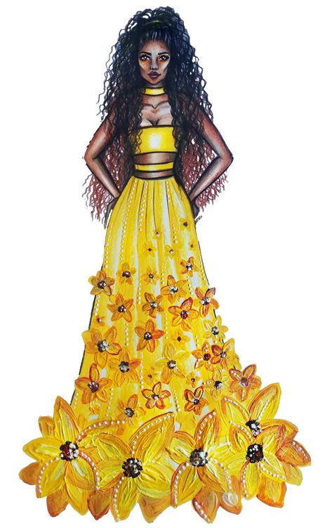 Summer sunflower 🌻 inspired dress by @ursulaillustration fashion illustration sketch Sunflower Dress Drawing, Sunflower Inspired Dress, Sunflower Sketches, Petunia Flower, Summer Sunflower, Illustration Collage, Fashion Illustration Collage, Sunflower Dress, Dress Illustration