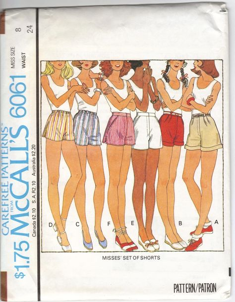 McCall's 6061; ©1978; Misses' Set of Shorts. Shorts A, B have front pleats, zipper in front opening, turned up cuffs, belt carriers and purchased belt. Shorts C, D have elastic in waistline casing and side vents. Shorts, E, F have zipper in front opening, side pockets and side vents. [insert your photos of this pattern made up] [insert your username, and make sure your preferences allow for people to contact you via e-mail. Do not list your email address here!] Shorts Sewing Pattern, Fashion Show Poster, Shorts Sewing, Hot Pants Shorts, 1970s Sewing Patterns, Women's Sewing Pattern, 60s And 70s Fashion, Sewing Clothes Women, Fashion Illustration Vintage