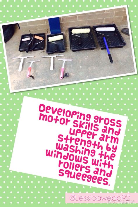 Developing gross motor skills and upper arm strength by washing the windows with rollers and squeegees. EYFS Eyfs Outdoor Physical Development, Writing Outdoors Eyfs, Clever Hands Activities Eyfs, Nursery Physical Activities, Outdoor Psed Activities Eyfs, Eyfs Physical Activities, Eyfs Gross Motor Activities, Outdoor Writing Area Eyfs, Outdoor Eyfs Activities