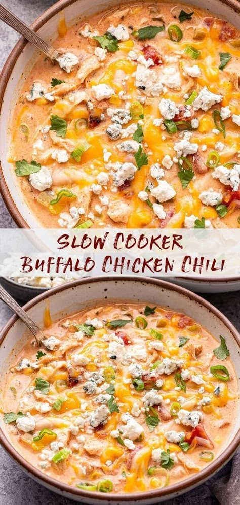 Slow Cooker Buffalo Chicken, Buffalo Chicken Chili, Chicken Chili Crockpot, Slow Cooker Chicken Chili, Chili Recipe Crockpot, Crockpot Chili, Green Chiles, Chicken Chili Recipe, Crockpot Recipes Slow Cooker