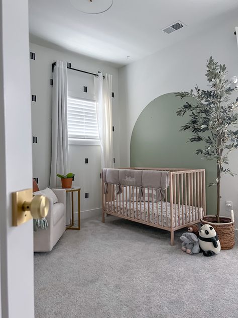 Grey And Green Nursery Gender Neutral, Nursery Ideas Accent Wall Gender Neutral, Green Grey White Nursery, Sage Green Nursery Gender Neutral Woodland, Non Gender Nursery, Sage Green Accent Nursery, Sage Green Paint Colors For Nursery, Sage Green Arch Wall, Boho Nursery Sage Green