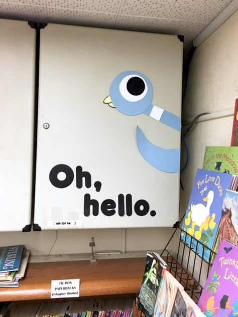 Elephant Piggie Bulletin Board, Library Door Decoration Ideas, Pigeon Door Decoration, Pigeon Bulletin Board, Mo Willems Bulletin Board Ideas, Author Bulletin Board Ideas, Mo Willems Decorations, Mo Willems Classroom Theme, Pigeon Bulletin Board Ideas