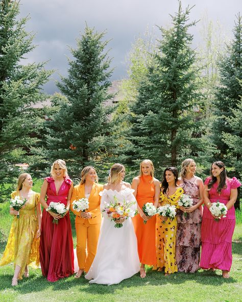 These girls are giving us all the Summer Vibes! Every. Single. Dress. Popped! We’re obsessed with each unique dress and how they all came together perfectly! Which one is your favorite?! . . . #coloradoweddingphotography #coloradowedding #modernbride #2024bride #bridegoals #coloradoweddings #coloradoweddingplanner #2025bride Rainbow Bridesmaid Dresses, Rainbow Bridesmaids, Lover Wedding, Unique Bridesmaid Dresses, Vintage Bridesmaid Dresses, Single Dress, Curated Wedding, Bridesmaid Colors, Bridesmaid Inspiration