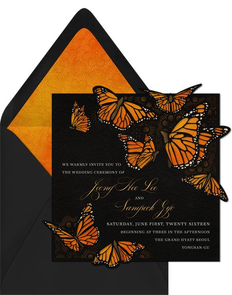 Monarch's Tale Invitations in Orange | Greenvelope.com Orange Quinceanera, Butterfly Quinceanera Theme, Butterfly Quince, Butterfly Wedding Theme, Butterfly Theme Party, Butterfly Garden Party, Butterfly Baby Shower Theme, Timeless Wedding Invitations, Butterfly Invitations