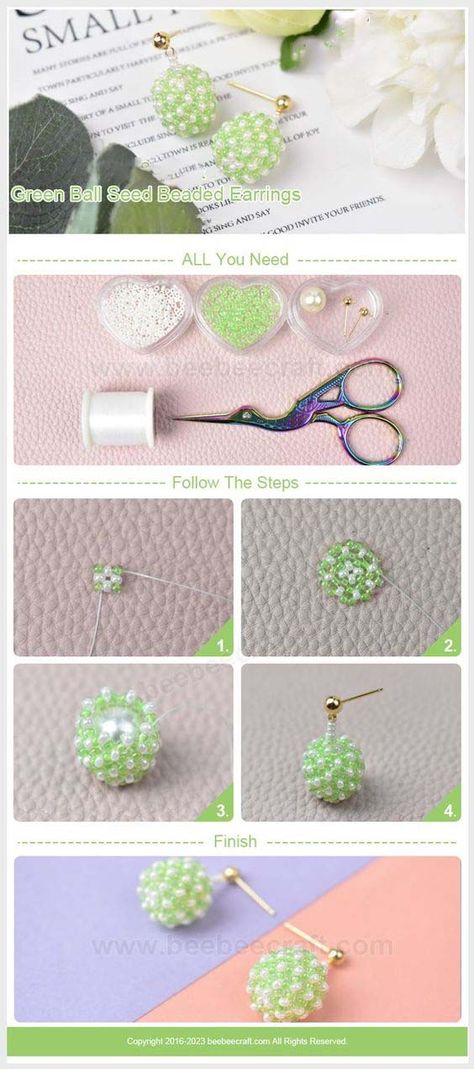 #US-Stock.Pandahall Green Ball Seed Beaded #Earrings. They're a stylish accessory for free-spirited individuals! 🌼💚 Seed Beaded Earrings, Diy Jewelry Earrings, Beaded Bracelets Tutorial, Bee Crafts, Make Your Own Jewelry, Craft Tutorial, Bugle Beads, Bracelet Tutorial, Beads For Jewelry Making