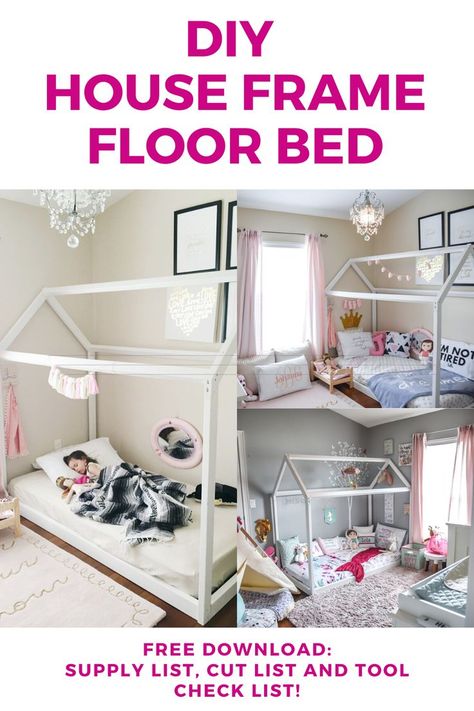 Floor beds are the perfect starter beds for toddlers and this house shaped one couldn't be cuter or more fun. Learn how to create your own house shaped bed with this handy post. Cot Bunk Bed, Beds For Toddlers, Floor Beds, House Frame, Toddler Floor Bed, Kids Play Spaces, House Frame Bed, Montessori Bedroom, Dreams Beds