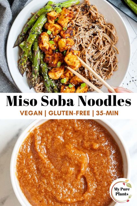 Tofu Soba Noodle Recipe, Miso Noodles, Edamame Noodles, Miso Tofu, Soba Recipe, Noodle Ideas, Vegan Noodles Recipes, Uni Meals, Tofu Bites