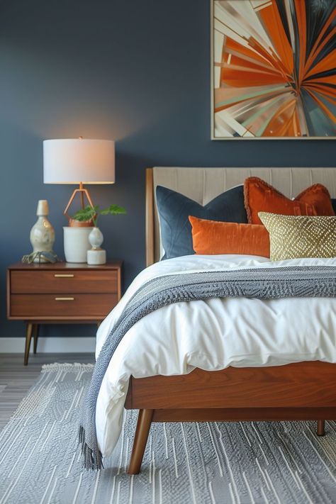 42+ Bedroom Color Scheme Ideas to Refresh Your Sanctuary - Blushiee Mcm Bedroom Ideas, Mid Century Modern Bedroom Colors, Cat Bedroom, Ideas Habitaciones, Whimsical Bedroom, Stylish Tips, Orange Bedroom, Bedroom Interiors, Living Room Themes