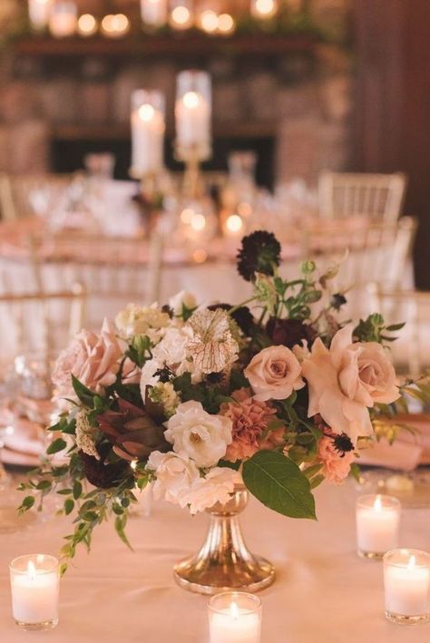 Blush And Burgundy Wedding, Low Wedding Centerpieces, Burgundy Wedding Centerpieces, Blush Wedding Centerpieces, Blush Centerpiece, Burgundy And Blush Wedding, Fresh Wedding Flowers, Simple Wedding Flowers, Low Centerpieces