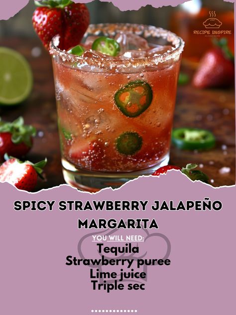 🍓🔥 Try the bold Spicy Strawberry Jalapeño Margarita! 🍹✨ #SpicyStrawberryMargarita #BoldFlavors Spicy Strawberry Jalapeño Margarita Ingredients: Tequila (1 1/2 oz) Strawberry puree (1 oz) Lime juice (1 oz) Triple sec (1/2 oz) Jalapeño slices (2-3) Simple syrup (1/2 oz) Ice cubes Fresh strawberry and jalapeño slice (for garnish) Salt (for rimming) Instructions: Rim a glass with salt and fill with ice cubes. In a shaker, muddle jalapeño slices. Add tequila, strawberry puree, lime juice, trip... Strawberry Jalapeno Margarita, Margarita Ingredients, Strawberry Margarita, Strawberry Puree, Triple Sec, Adult Drinks, Ice Cubes, Fresh Strawberry, Simple Syrup