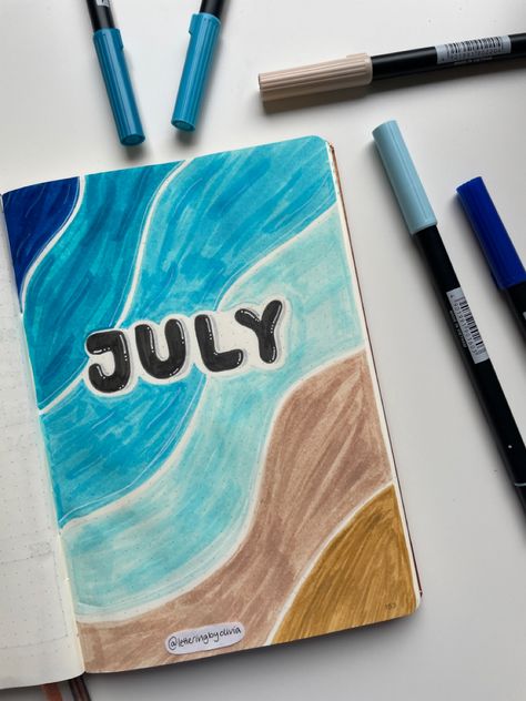 Summer Notebook Cover, Art Cover Page Ideas, July Journal Ideas, Beach Bullet Journal, July Bullet Journal Cover, July Cover Page, July Bujo, Beach Journal, Sea And Beach