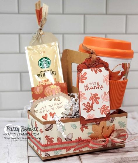 Coffee Cup Holder from Stampin UP! with Gilded Autumn paper, Pumpkin Spice Latte treat and fall mug. www.PattyStamps.com Coffee Cup Holder Ideas, Occasion Bins, Cup Holder Ideas, Coffee Cup Carrier, Coffee Carrier, Fall Baskets, Thanksgiving Basket, Thanksgiving Gift Ideas, Coffee Cup Crafts