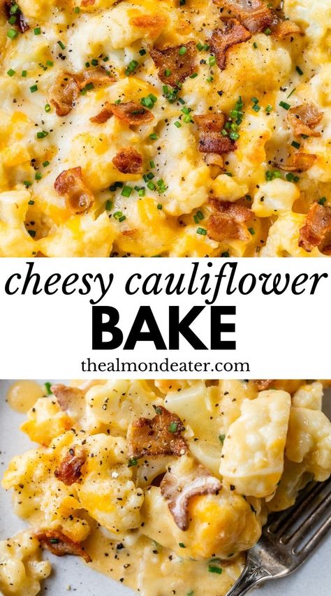 Cheese, bacon, and cauliflower come together in this irresistible Cheesy Cauliflower Bake. An easy and quick weeknight side dish, this gluten free recipe has everything you love about mac and cheese but without the heavy pasta! Colliflower Bake Cheese, Cheesy Cauliflower Head Bake, Keto Cauliflower Recipes Mac N Cheese, Keto Mac And Cheese No Cauliflower, Califlower Mac & Cheese, Cheesy Cauliflower Bake, Cauliflower Bake, Breakfast Potato Casserole, Creamy Cauliflower Soup