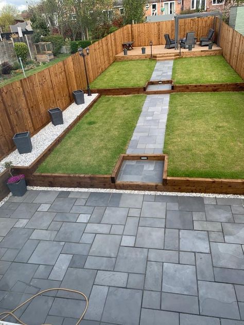 Long Rectangular Garden Design, Backyard Design Layout Rectangle, Rectangle Yard Landscaping Ideas, Small Back Garden Ideas Budget, 2 Level Garden Ideas, Rectangle Backyard, Large Garden Ideas, Long Garden Ideas, Rectangle Garden Design