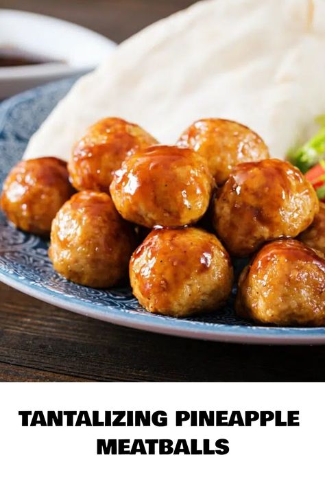 Tantalizing pineapple meatballs served on a plate. Pineapple Meatballs, Minced Beef Recipes, Glazed Meatballs, Minced Meat Recipe, Ground Meat Recipes, Mince Recipes, Lamb Recipes, Ground Beef Recipes, Turkey Recipes