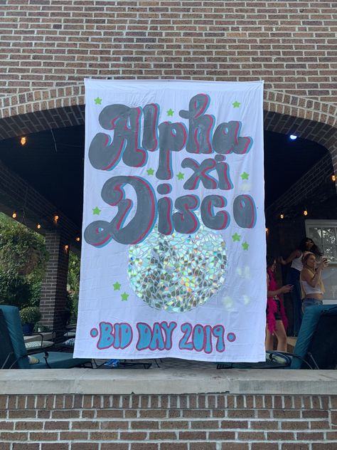 Disco Bid Day Shirt, Disco Banner Sorority, Disco Bid Day Theme, Sorority Banner Ideas, Disco Bid Day, Bid Day Banner, Banner Inspiration, Sorority Themes, Paddle Ideas