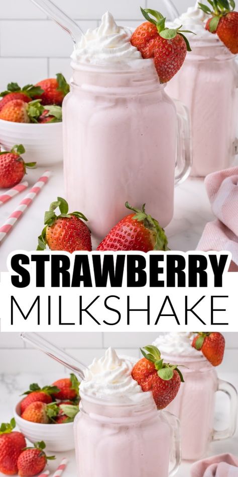 The best strawberry milkshake recipe using fresh strawberries. This easy strawberry milkshake is a delicious dessert that can be made in minutes. Best Strawberry Milkshake Recipe, Strawberry Milkshake Recipe Easy, Strawberry Milkshake Recipe, Fresh Veggie Recipes, Healthy Milkshake Recipes, Milkshake Recipe Strawberry, Special Drinks, Drinks Recipe, Strawberry Shake