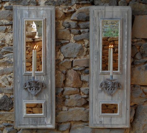 Provençale reclaimed shutter panel candle sconce by magnuslarkin, €220.00 Old Shutters Decor, Mirror Sconces, Diy Shutters, Old Shutters, Bathroom Sconces, Decorating Inspiration, Old Doors, Home Diy Projects, Household Furniture