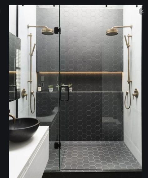 Hexagonal Tiles, Black And White Bathroom, Cozy Bathroom, Interior Vintage, Bathroom Shower Tile, Trendy Bathroom, Grey Bathrooms, Shower Remodel, Seminyak