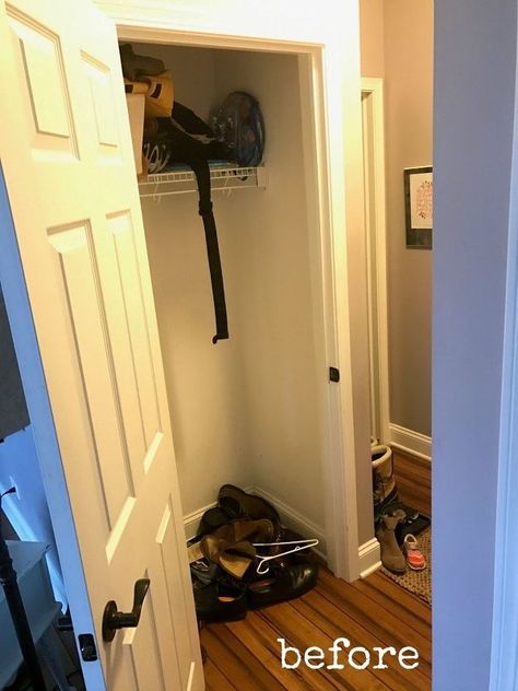 Coat Closet To Mudroom, Closet Into Mudroom, Closet Turned Mudroom, Mini Mudroom, Small Coat Closet, Functional Mudroom, Closet Transformation, Mudroom Closet, Front Closet