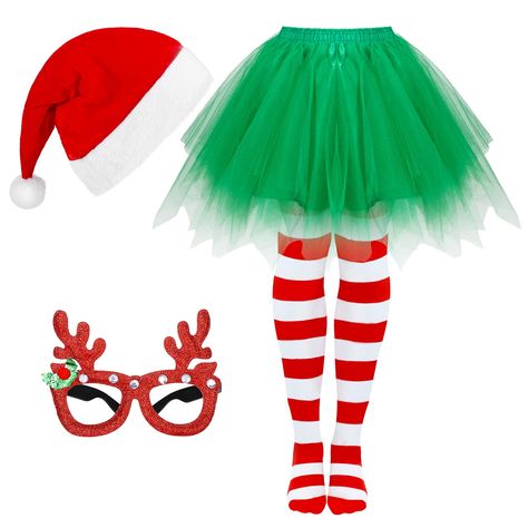 PRICES MAY VARY. Polyester Hand Wash Only Cute costume set: you will receive 1 piece of green tutu skirt,1 pair of red and white striped tights, 1 pair of glitter reindeer eyeglasses and 1 piece of Christmas Santa hat, which are suitable for your Christmas dressing up Fitting size: the Christmas tutu skirt is about 27.6 inches in waist circumference and can be stretched to 47.2 inches, and the length is about 17.7 inches, which can fit most women; The Christmas hat, eyeglasses and stockings are Whoville Costumes, Red Tutu Skirt, Green Tutu, Christmas Tutu, Red Tutu, Christmas Skirt, Glitter Frame, Striped Tights, Elf Costume