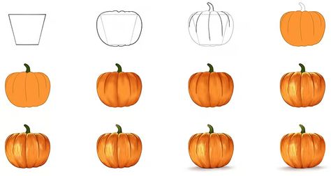 How to Draw a Pumpkin - A Festive Pumpkin Drawing Tutorial Pumpkin Doodle Step By Step, Zentangle Pumpkins How To Draw, Pumkin Drawing Realistic, Pumpkin With Vines Drawing, Pumpkin Guided Drawing, Light Yellow Paint, Pumpkin Sketch, Light Green Paint, Pumpkin Outline