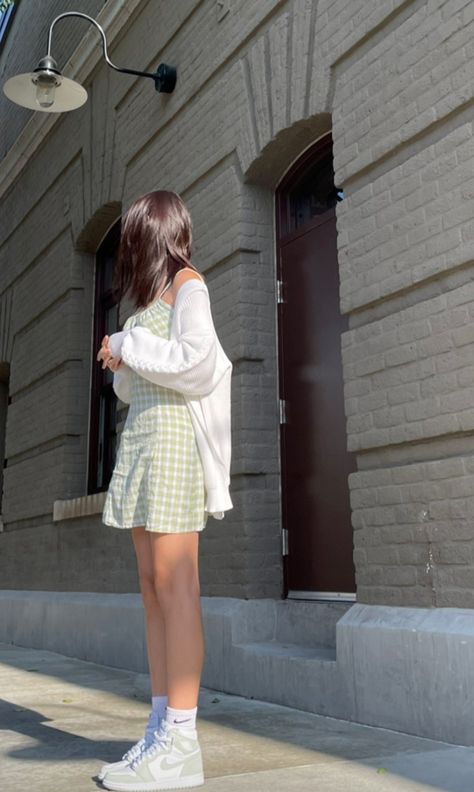 Dress And Cardigan Outfit Aesthetic, Seafoam Jordans, Dress And Jordans Outfit, Pastel Summer Dresses, Julia Ma, Sundress Aesthetic, Pastel Green Dress, Green Dress Outfit, Sundress Outfit