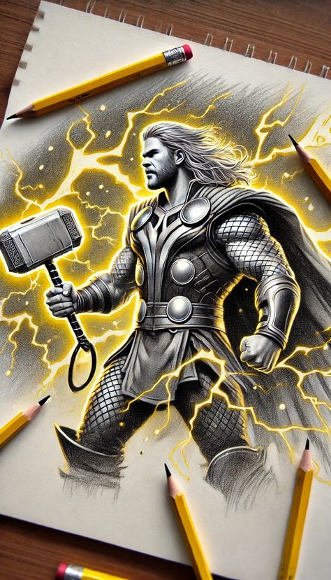 Thor Drawing Sketches, Thor Painting, Brat Tattoo, Full Sleeve Ideas, Thor Drawing, Luna Tattoo, Avengers Tattoo, Art Charcoals, Thor Art