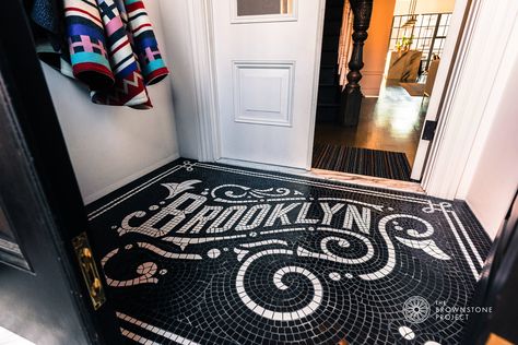 Mosaic Entryway, Entryway Tile, Spring Porch Decor, Beautiful Entryways, Brooklyn Brownstone, Penny Tile, Mosaic Floor, Custom Mosaic, Mosaic Table