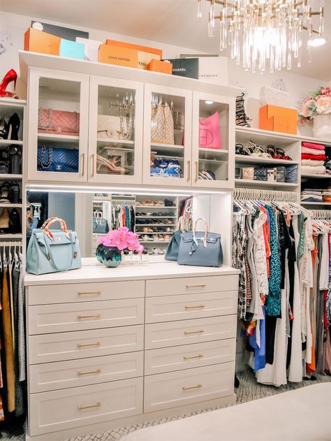 We custom designed Susan's walk-in closet to store and display her extensive wardrobe and handbag collection.  Home organizer Amanda Miller @beyondtheclosetnaples then easily organized Susan's belongings by type and use, adding extra shelving for ample shoe storage.  We look forward to designing your custom closet that's uniquely you!

#swfl #naples #naplesfl #bonitasprings #closet #inspiredclosets #dreamcloset #interiordesign Master Closet Purse Storage, Purse Storage In Closet, Cute Closets, Walk In Closet Inspiration, Primary Closet, Accessories Closet, Waterfront Living, Amanda Miller, Pink Closet