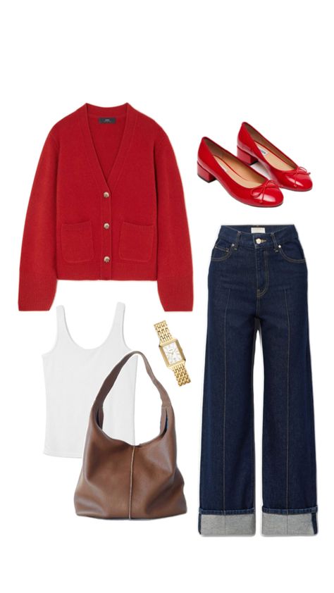 Red cardigan look Fifties Fashion, Red Cardigan, Cardigan Outfits, Cute Everyday Outfits, Casual Style Outfits, Office Outfits, Jeans Style, Everyday Outfits, Fashion Inspo Outfits