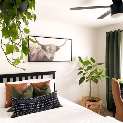 Home • Instagram Bedroom And Office Combo Ideas, Sage Bedroom, Modern Guest Bedroom, Black Bedroom Design, Sage Green Bedroom, Bedroom Upgrade, Black Bedroom Furniture, Mid Century Modern Bedroom, Guest Room Office