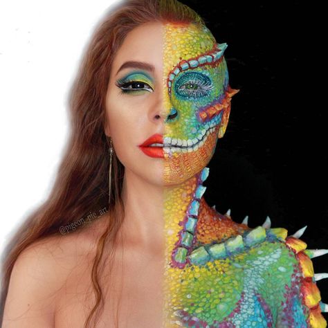 740 Likes, 17 Comments - Pigeon Pie (@pigeon_pie_art) on Instagram: “Chameleon for #nextfaceofmehron and yes I cant edit hair onto a white background for shit. Note…” Chameleon Makeup, Chameleon Costume, Pigeon Pie, Alien Women, Pie Art, Halloween Make-up Looks, Spfx Makeup, Zombie Walk, Effects Makeup