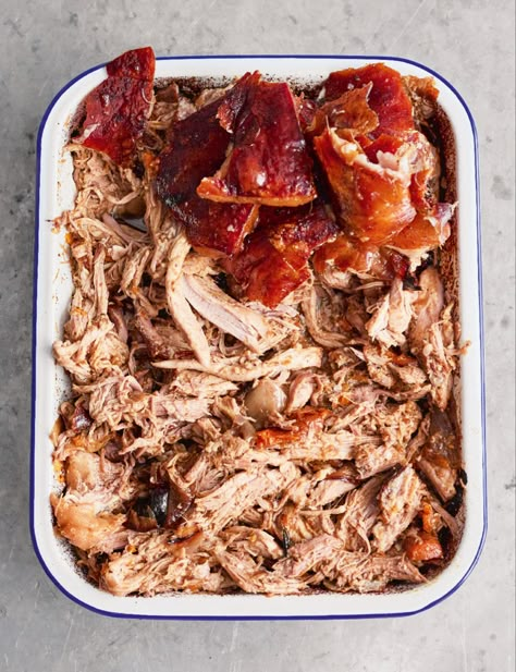 Pulled pork in a roasting tray alongside crackling Jamie Oliver Pulled Pork, Pulled Pork Taco Recipe, Pork Taco Recipe, Pulled Pork Tacos Recipe, Slow Roasted Pork Shoulder, Pork Taco, Chicken Recipe Air Fryer, Braised Chicken Breast, Salads Recipes For Dinner