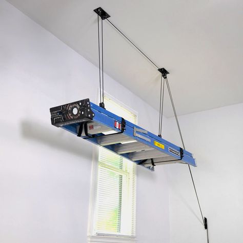 Ceiling & Overhead Storage Ladder Storage Garage, Garage Storage Pulley, Ladder Ceiling, Overhead Storage Rack, Garage Ceiling Storage, Hanging Ladder, Mechanical Advantage, Bike Wall Mount, Garage Ceiling