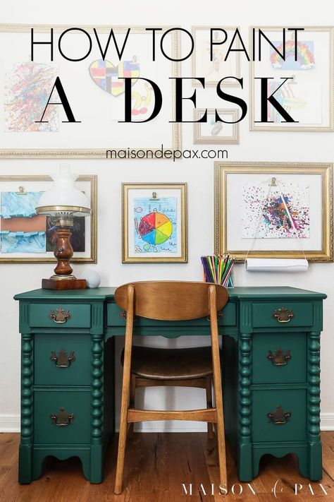 Diy Painting Desk, Painting A Desk, Paint Wooden Desk, Painted Antique Desk, Antique Desk Makeover, Chalk Paint Desk, Dark Wood Desk, Desk Makeover Diy, Kids Room Desk