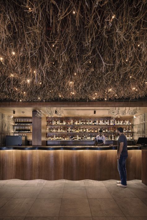 Bohemian Bar, Mixology Bar, Bamboo Chandelier, Vernacular Architecture, Loop Design, Bohemian Aesthetic, Hells Kitchen, Ceiling Installation, Material Palette