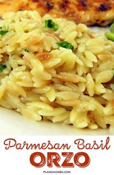 Parmesan Basil Orzo - toss the box and make this delicious side dish! orzo, chicken broth and parmesan cheese - ready in 20 minutes. Chicken Parm Sides Dishes, Chicken Parm Sides, Parm Orzo, Orzo Basil, Orzo Veggie, Orzo Parmesan, Basil Orzo, Parmesan Orzo, Orzo Dishes