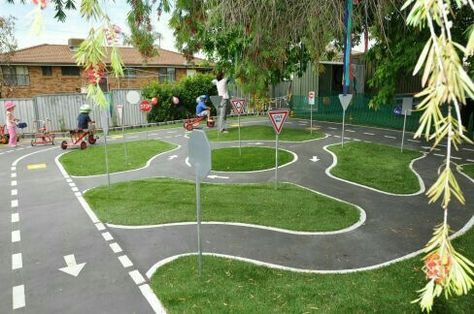 If you're rich and want to teach your kids the rules of the road early on. Daycare Playground, Preschool Playground, Outdoor Play Space, Outdoor Play Spaces, Playground Ideas, Outdoor Play Area, Bike Ideas, School Playground, Natural Playground