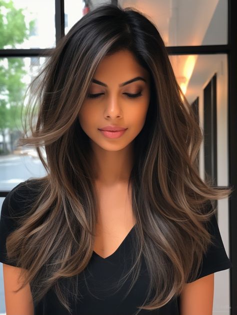 Dimensional Brunette Black Hair, Dark Features Hair Color, Side Part And Curtain Bangs, Hairstyles For Brown Eyes, Marissa Miller Hair, Biolage Hair Brown, Face Trimming Layers Long Hair, Summer Haircuts 2024 Long, Dramatic Layers Medium Hair