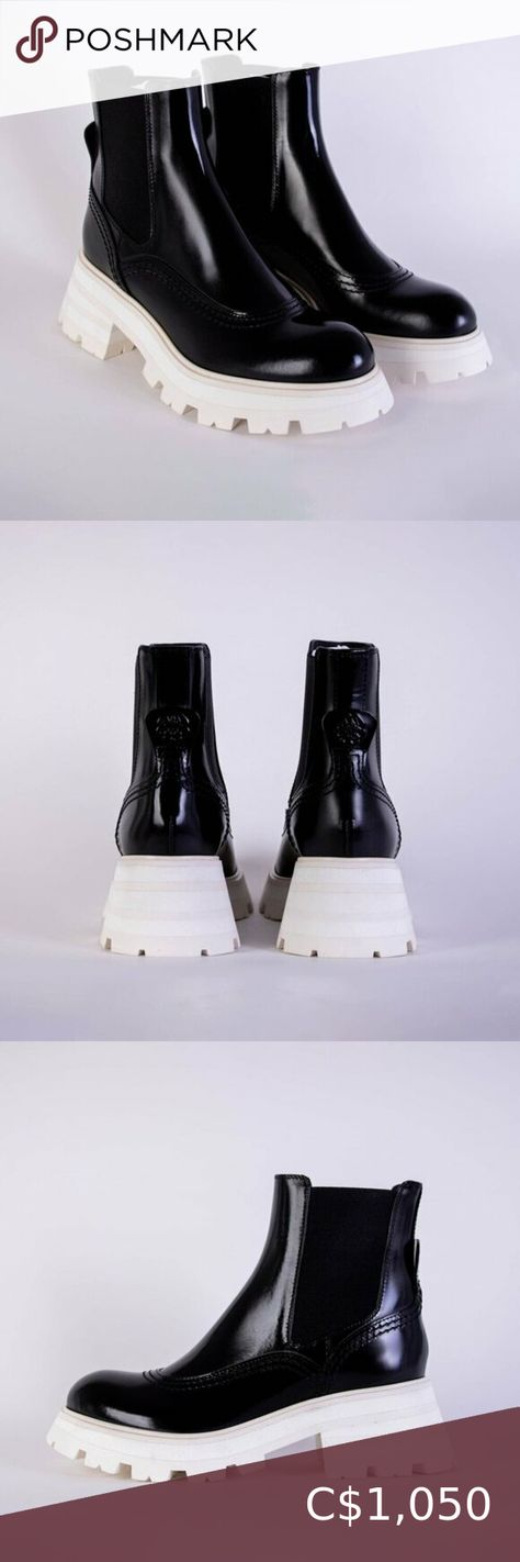 Alexander McQueen Black Leather  White Sole Chelsea Boots Chunky Slip on Black And White Alexander Mcqueen, Chelsea Boots Style, Mcqueen Shoes, Alexander Mcqueen Shoes, Tone On Tone, Black Chelsea Boots, Leather Chelsea Boots, Designer Boots, Luxury Brand