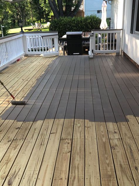 Black Deck Furniture Ideas, Exterior Deck Paint Colors, Brown Deck Decorating Ideas, Dark Grey Porch, White House Deck Color, Sherwin Williams Deck Stain Colors Solid, Gray Deck Stain, Deck Colors For Gray House, Deck Colors For Tan House