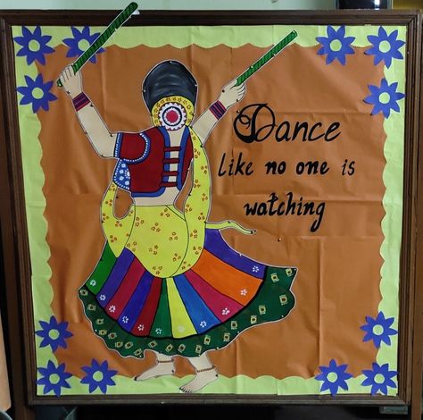 Navratri board decoration Navratri Decorations In School, Navratri School Decoration, Board Decoration For Navratri, Dandiya Decoration Ideas For School, Navratri Board Decoration Ideas, Navratri Chart For School, Navratri Soft Board Decoration, Navratri Bulletin Board Ideas, Navratri Board Decoration In School