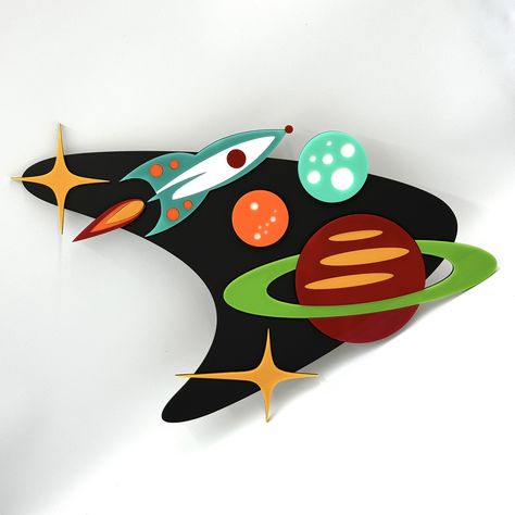 "Handcrafted, three-dimensional wall art for your Mid Century Modern home! Featuring multiple, precision-cut acrylic layers with a rocket, planets and stars, this retro boomerang wall art truly pops and is sure to complement your space age decor for a lifetime! 🚀 It measures 20\"W x 12.5\"H and includes an installation template and hidden \"float-mount\" hardware for easy installation. The art is designed to stand off of the wall 1/2 inch for added dimension and shadowing. Please note that this does require drilling into the surface of your wall, using the hardware that we provide. The cast acrylic is very durable and well suited for indoor or outdoor use as it can sustain high levels of UV light, extreme cold, heat, and even saltwater without its structural integrity being compromised. Mid Century Modern Space Art, 50s Futurism, Space Age Decor, Atomic Age Decor, Retro Futuristic Design, Space Age Art, Atomic Age Design, Throw Pillow Combinations, Atomic Decor