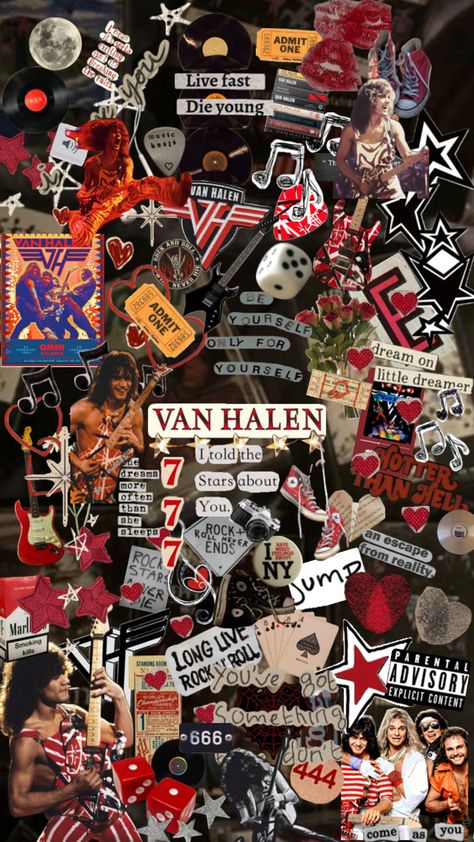 Eddie Van Halen Aesthetic, 80s Rock Aesthetic Wallpaper, Eddie Van Halen Wallpaper, Rock Band Collage, Eddie Van Halen 80s, Van Halen Wallpaper, Oldies Outfits, Playlist Titles, 80s Rock Aesthetic