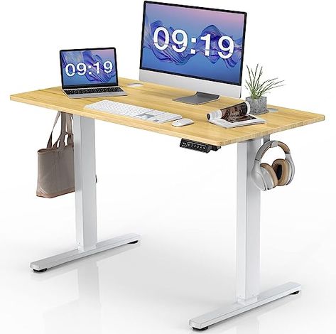 This desk makes working from home a whole lot more ergonomic! It has a wide range of heights and fits so well with an underthe desk walk pad! #affiliate T Shape Desk, Desk For Home Office, Adjustable Computer Desk, Computer Desks For Home, Standing Table, Electric Standing Desk, Gaming Table, Ergonomic Desk, Computer Workstation