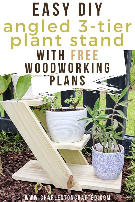 Check out how we built this DIY angled 3 tiered plant stand with space for three potted plants! Makes for a great gift or tabletop decoration! 3 Tier Plant Stand Diy, Plant Pot Designs Diy, Plant Stands Diy, Three Tier Plant Stand, Tabletop Plant Stand, Plant Stand Plans, Tiered Plant Stand Indoor, Tiered Plant Stand, Tier Plant Stand