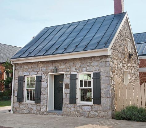 metal roof with stone Stone Houses With Metal Roofs, Stone House With Metal Roof, Brick House Tin Roof, Stone House Metal Roof, Metal Roof Cottage, House With Green Metal Roof, Metal Roof Exterior, Green Metal Roof, Tin Roof House