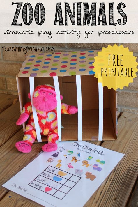 Zoo Animals Dramatic Play Activity for Preschoolers -- with a free printable! Play Activity For Preschoolers, Zoo Lessons, Zoo Animal Activities, Preschool Zoo Theme, Dramatic Play Activities, Zoo Preschool, Zoo Crafts, Dramatic Play Themes, Animals Preschool